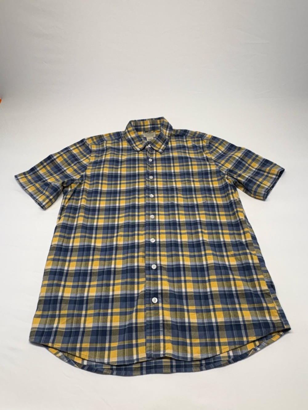 L.L. Bean Yellow & Navy Plaid Short-Sleeve Button-Down Shirt Size M-TALL
